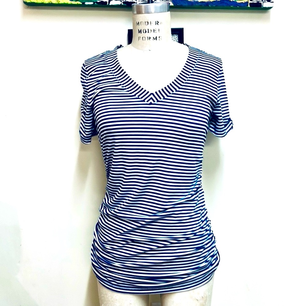 T91 Navy White Striped Cap Sleeve Top